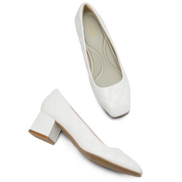 Square Toe Low Heel Pumps - WHITE PU - 4